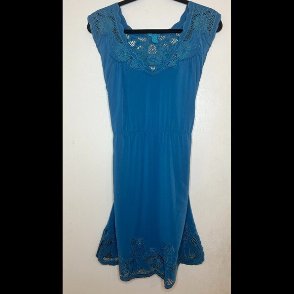 AKUALANI Boho Dusty Blue Turquoise Tieback Dress Scalloped Lace Neckline Size SM - Picture 1 of 6